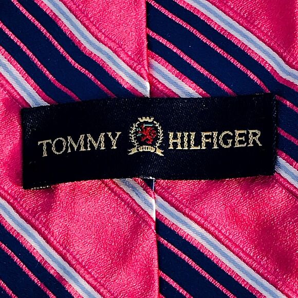 Tommy Hilfiger VTG Tie Repp Weave Y2K Stripe Two Tone Silk Pink Blue Preppy USA - Picture 3 of 10